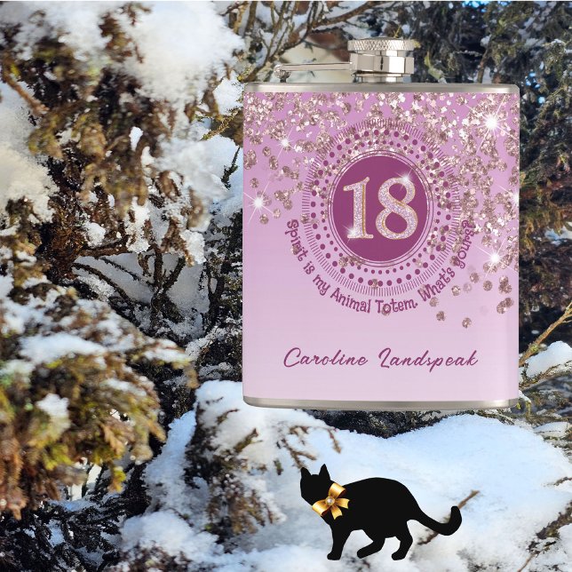 Eighteen & Rose Gold Glitter & Drinking Quote Hip Flask (Creator Uploaded)