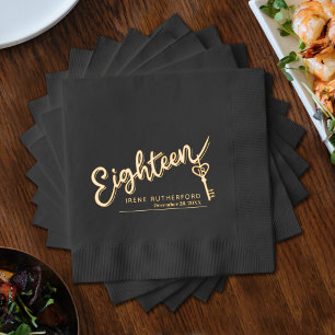 Eighteen script and key text custom name date foil napkins