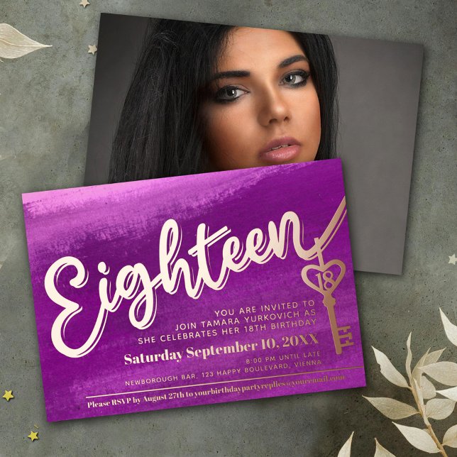 Eighteen script key 18th birthday purple rose gold (Creator Uploaded)