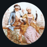 Eighteenth Century French Romance Classic Round Sticker<br><div class="desc">Lovely couple Marie Antoinette style in a garden. Pretty for weddings,  engagements,  showers and such. In eighteenth century style dress and sitting on a garden fence. If you need help with personalising contact Greer at greerdesign@aol.com</div>