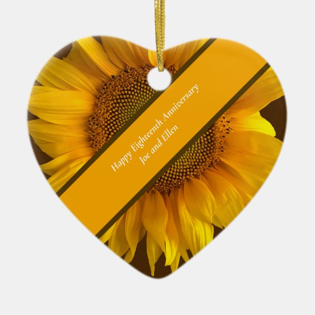 Eighteenth Wedding Anniversary Sunflower Ceramic Tree Decoration (Front)