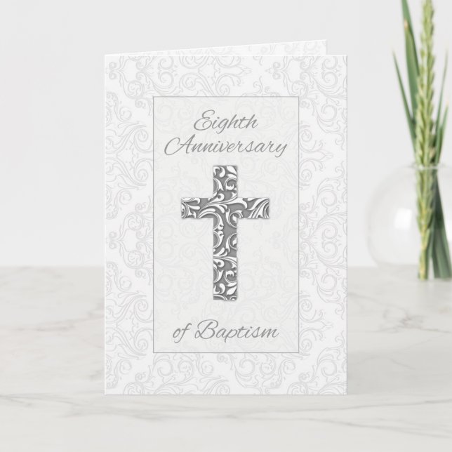 Eighth Anniversary Baptism Blessings Cross Swirls Card (Front)