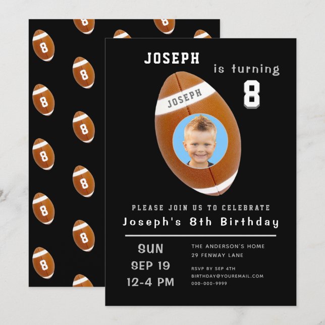 Eighth Birthday Black Custom Photo Age Football Invitation (Front/Back)