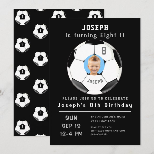 Eighth Birthday Black Custom Photo Age Soccer Invitation (Front/Back)
