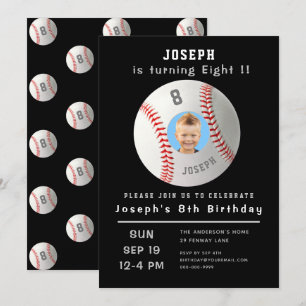 Eighth Birthday Black Custom Photo Baseball Invitation