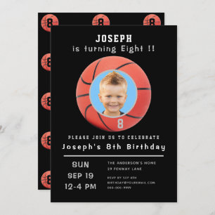 Eighth Birthday Black Custom Photo Basketball Invitation