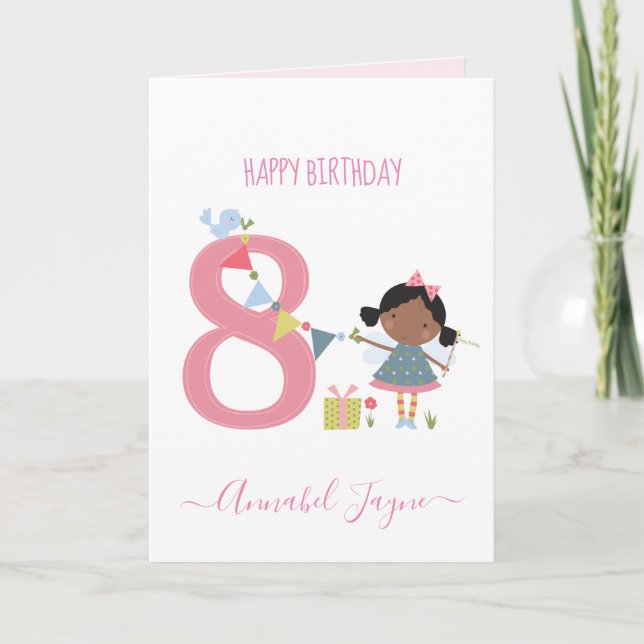 Eighth birthday fairy cute pink personalised card (Front)