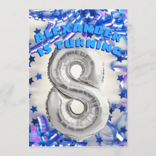 Eighth Birthday Silver and Blue Age 8 Boys Party Invitation