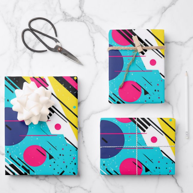 Eighties 80's Retro Geometric Pattern Wrapping Paper Sheet (Front)