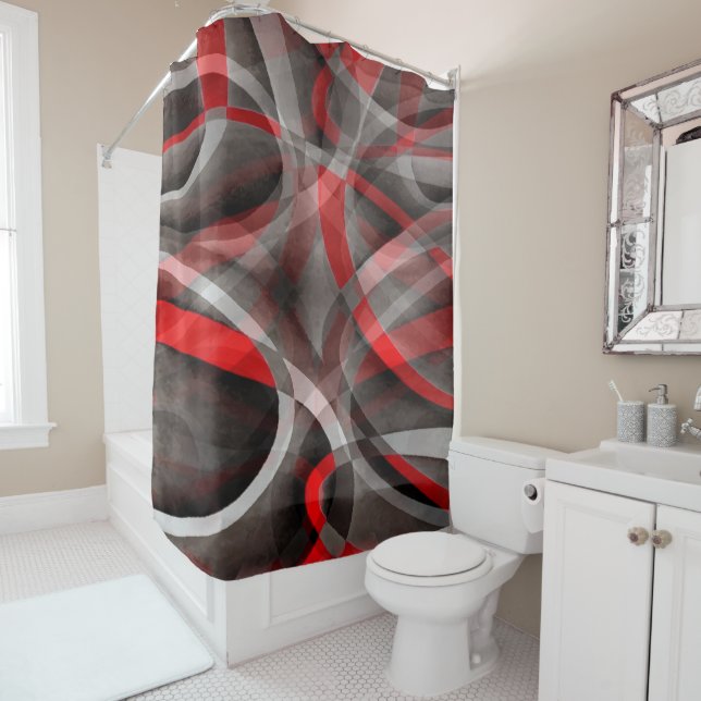 Eighties Red White and Grey Layered Curves Shower Curtain (In Situ)