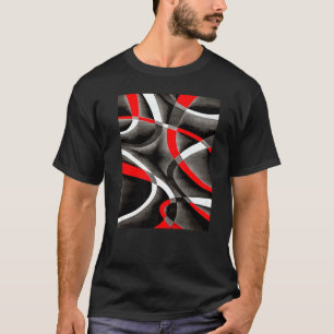 Eighties Red White Grey Line Curve Pattern On Blac T-Shirt