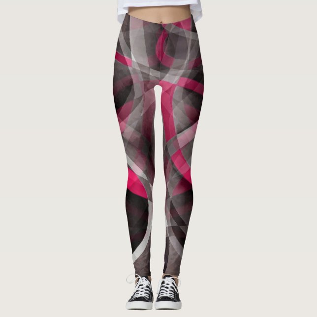 Eighties Rose Pink and Grey Funky Pattern Leggings (Front)