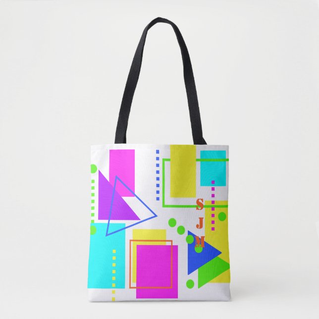 EIGHTIES SHAPE PATTERN 80S NEON MONOGRAM INITIALS TOTE BAG (Front)