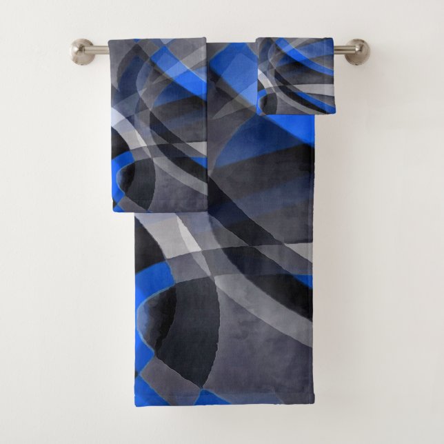 Eighties Themed Cool Blue Curved Line Pattern Bath Towel Set (Insitu)