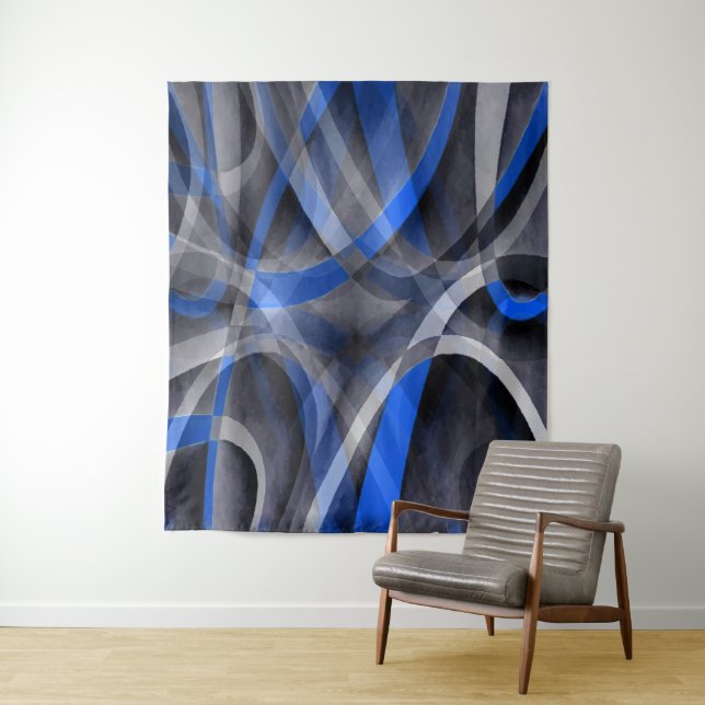 Eighties Themed Cool Blue Curved Line Pattern Tapestry (In Situ)