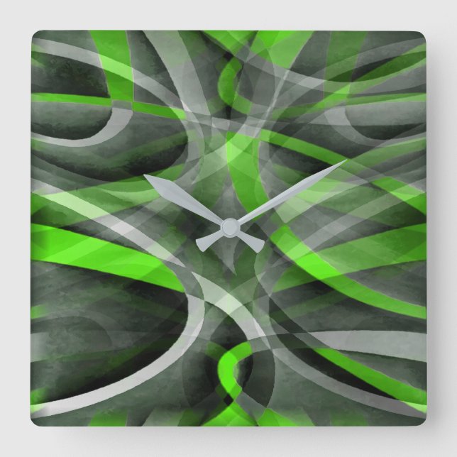 Eighties Vibes Lime and Grey Layered Curve Pattern Square Wall Clock (Front)