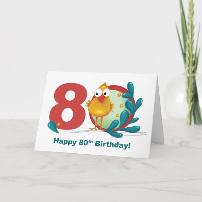 Eightieth 80 Birthday with Funny Bird and Branch Card (Front)