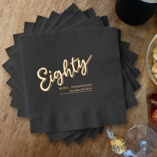 Eighty 80th birthday black and gold foil napkins