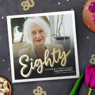 Eighty 80th Birthday custom photo script gold Napkin