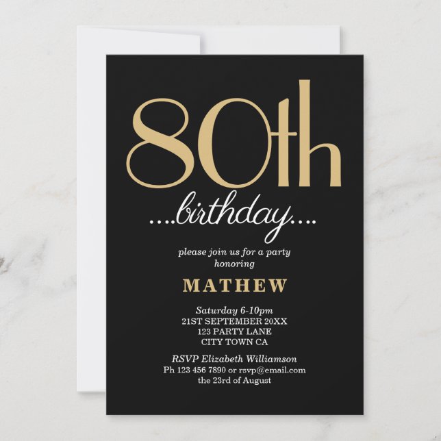 Eighty 80th Birthday Party Black Gold Invitation (Front)