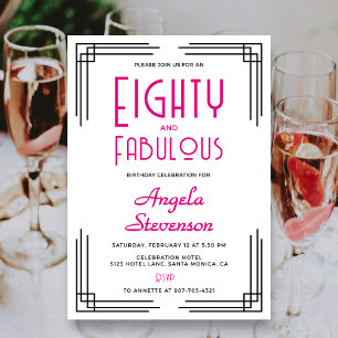 Eighty and Fabulous Pink Art Deco 80th Birthday Invitation