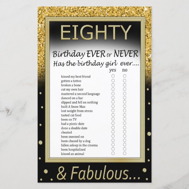 Eighty Birthday Ever or Never Game (Front)