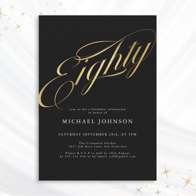 Eighty Black Gold Modern 80th Birthday Invitation (Mockup View)