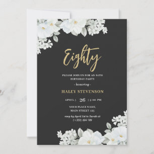 Eighty Black & Gold White Floral Elegant Birthday Invitation