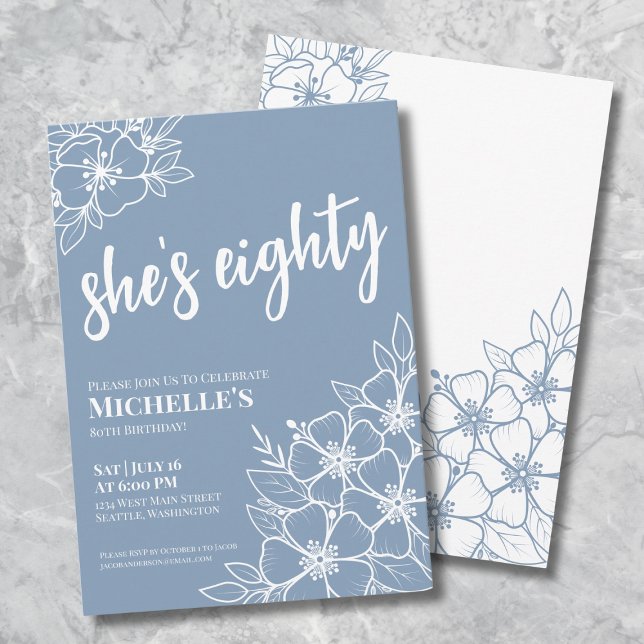Eighty Blue 80th Birthday Party Invitation (Eighty Dusty Blue 80th Birthday Party Invitation)