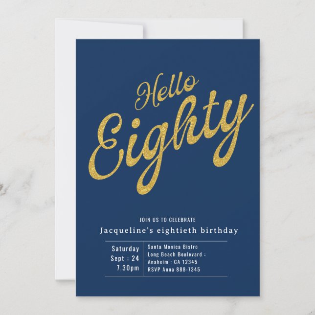 Eighty Blue Gold Modern 80th Birthday Invitation (Front)