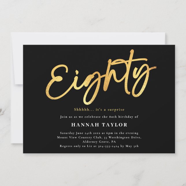 Eighty Elegant Black Gold 80th Birthday Invitation (Front)