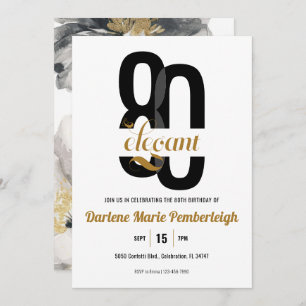 Eighty & Elegant Black Gold Floral 80th Birthday Invitation