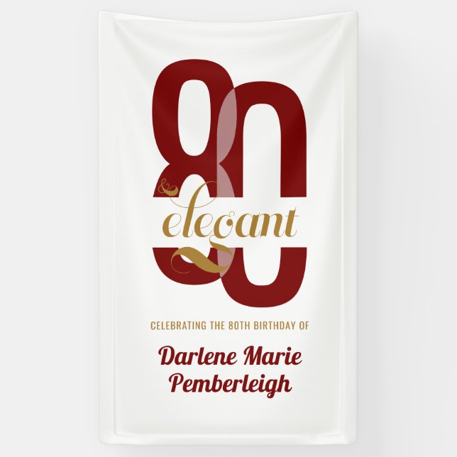 Eighty & Elegant Ruby Red Gold 80th Birthday Banner (Vertical)