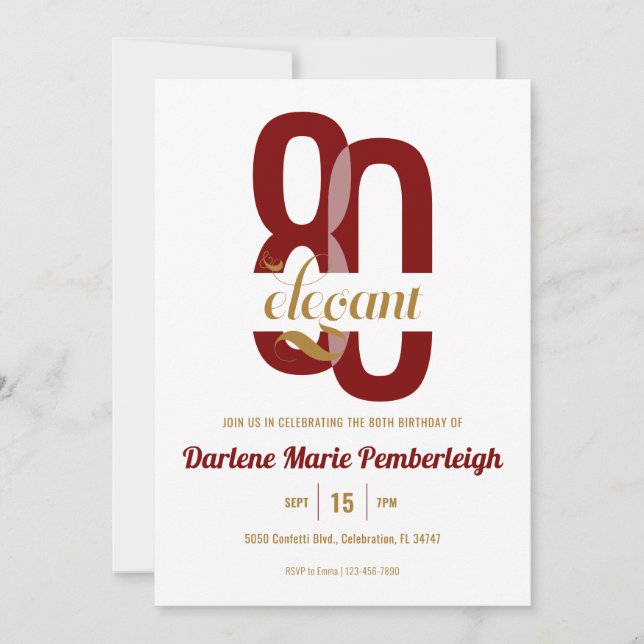 Eighty & Elegant Ruby Red Gold 80th Birthday Invitation (Front)
