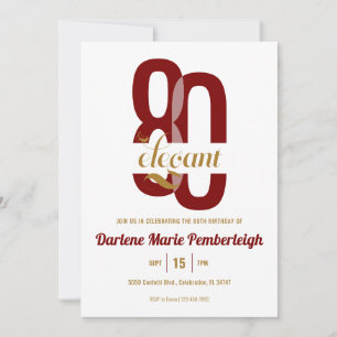 Eighty & Elegant Ruby Red Gold 80th Birthday Invitation