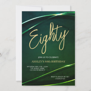 Eighty Emerald Green and Gold 80th Birthday Invitation