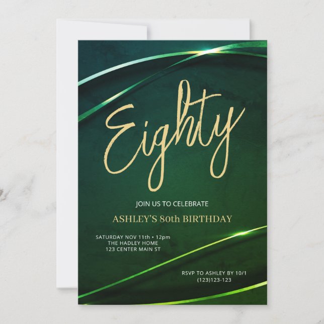 Eighty Emerald Green and Gold 80th Birthday Invitation (Front)
