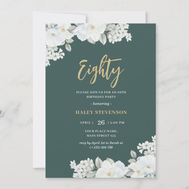 Eighty Emerald Green & Gold White Floral Birthday Invitation (Front)