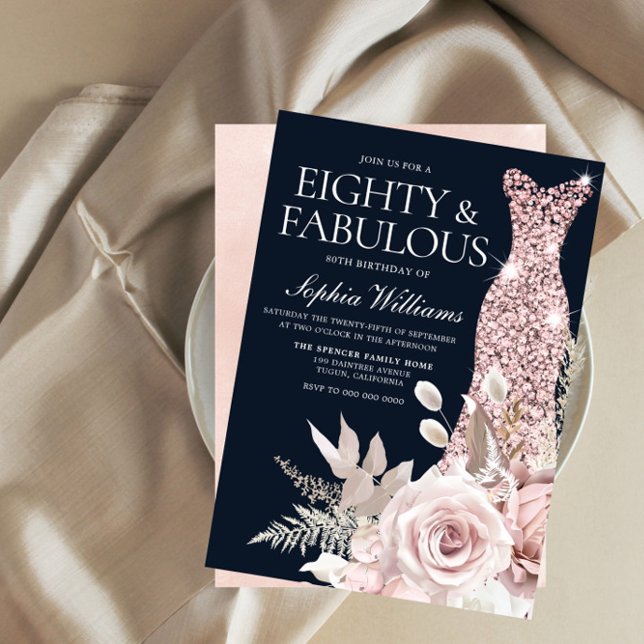Eighty & Fabulous! Dusty Rose Floral 80th Birthday Invitation (Creator Uploaded)