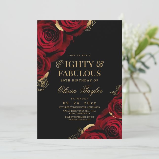 Eighty & Fabulous Red Roses Birthday  Invitation (Standing Front)