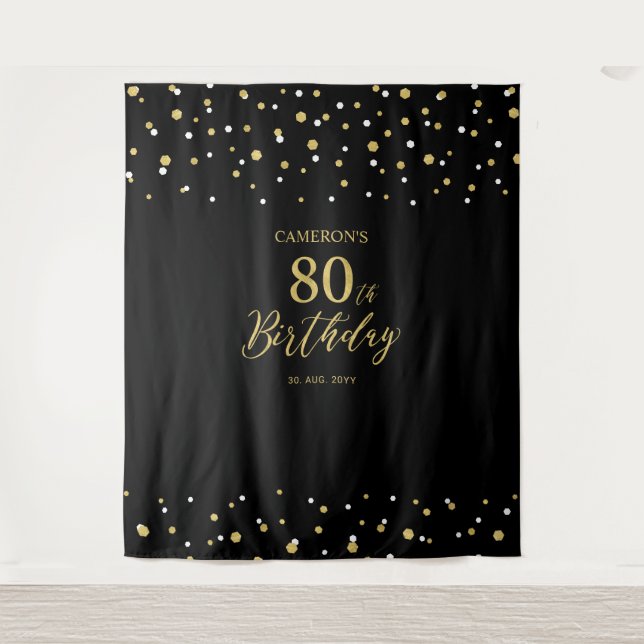Eighty | Gold & Black 80th Birthday Party Backdrop Tapestry (Front)