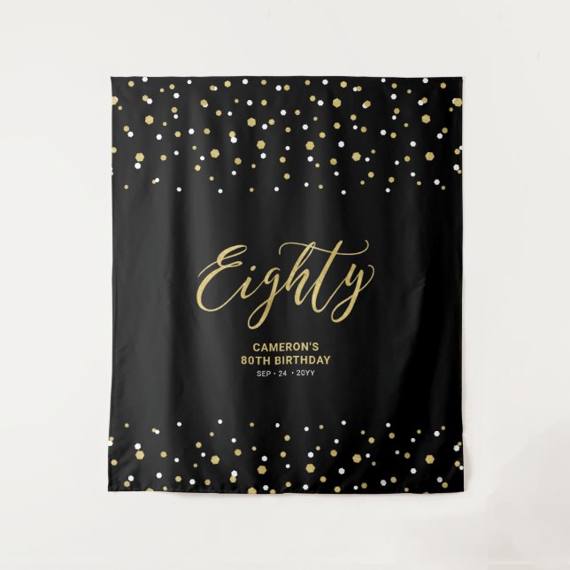 Eighty Gold & Black 80th Birthday Party Backdrop Tapestry (Front)