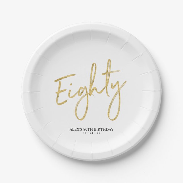 Eighty Gold Lettering 80th Birthday Party Paper Plate (Front)