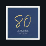 Eighty | Gold & Navy Blue Lettering 80th Birthday Napkin<br><div class="desc">This simple custom napkin will add stylish details to your 80th birthday party. This design features gold chic lettering "80" with custom text on a navy blue background. Matching invitations and party supplies are available in my shop BaraBomDesign.</div>