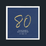 Eighty | Gold & Navy Blue Lettering 80th Birthday Napkin<br><div class="desc">This simple custom napkin will add stylish details to your 80th birthday party. This design features gold chic lettering "80" with custom text on a navy blue background. Matching invitations and party supplies are available in my shop BaraBomDesign.</div>