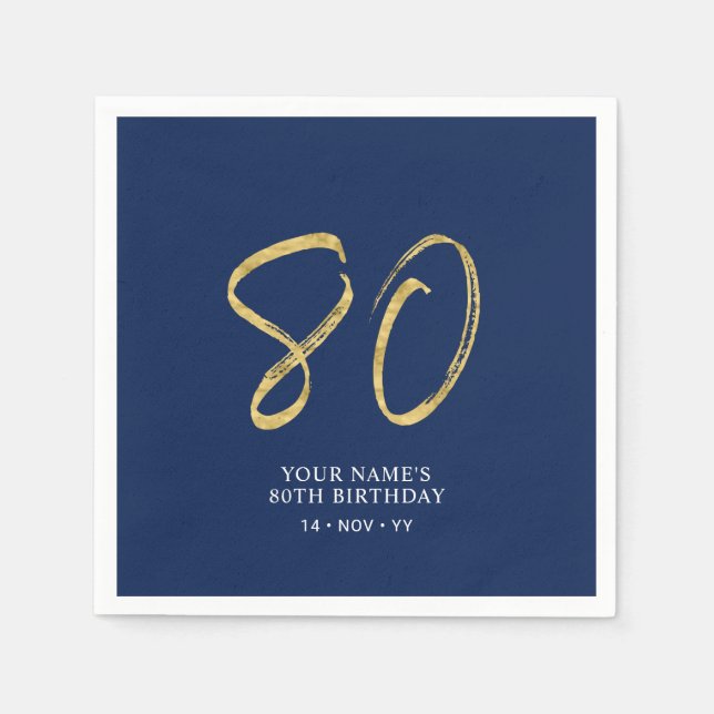 Eighty | Gold & Navy Blue Lettering 80th Birthday Napkin (Front)