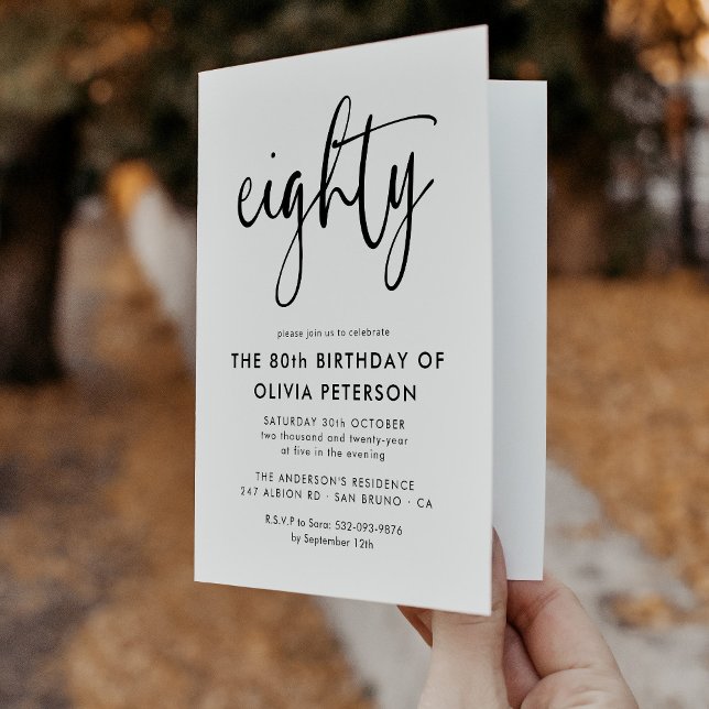 Eighty | Modern 80th Black & White Birthday Folded Invitation (Creator Uploaded)