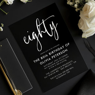 Eighty Modern 80th White on Black Birthday Party Invitation