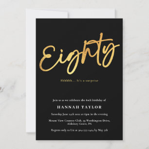 Eighty Modern Elegant Black Gold 80th Birthday Invitation