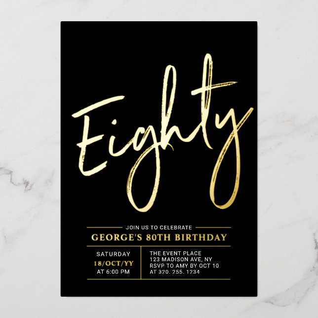 Eighty | Modern Gold & Black 80th Birthday Party (Front)